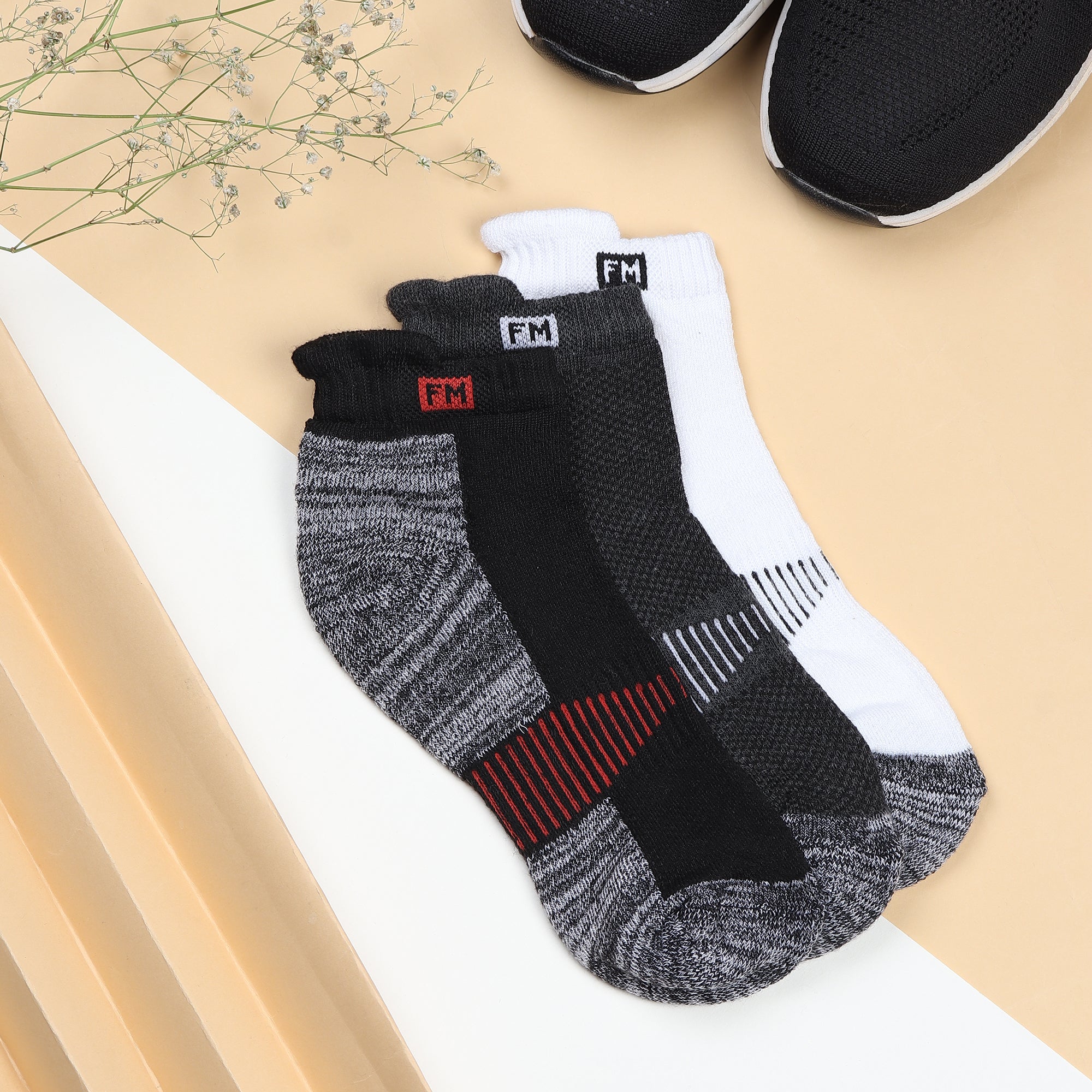 Fitness Mantra® Ankle athletic Special Design Sneaker Length Socks | Free Size| Padded Cushion| Breathable| Daily Use|3 Pairs|